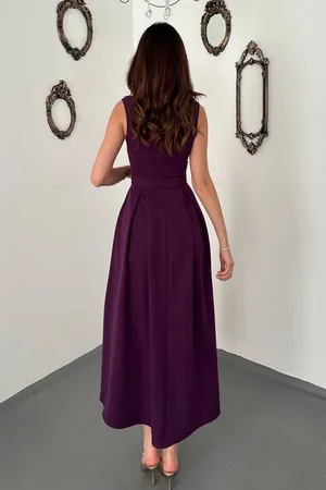 Mürdüm Halter Yaka Kloş Elbise