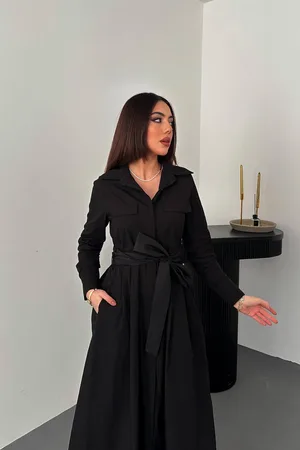 Siyah Düğmeli Poplin Elbise - SİYAH