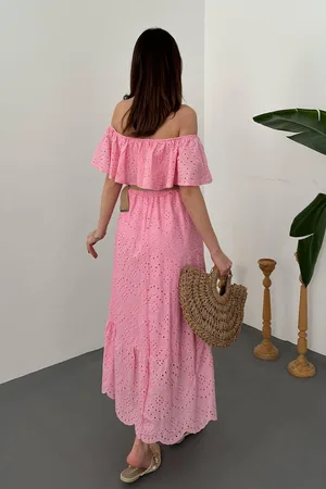 Pembe Madonna Yaka Fisto Elbise - Pembe
