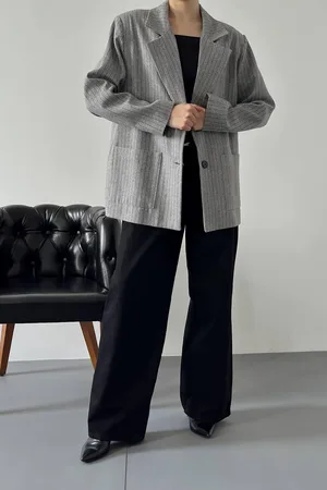 Gri Çizgili Oversize Ceket