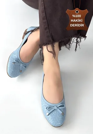 Jnues Mavi Hakiki Deri Babet Ayakkabı