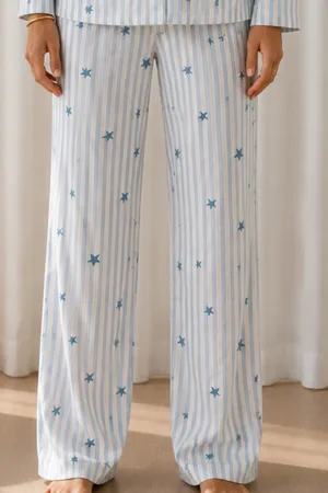 Kadın Desenli Basic Kış Mavi Pijama Takımı