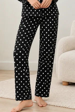 Kadın Gömlek Yaka Desenli Siyah Pijama Takımı 4812
