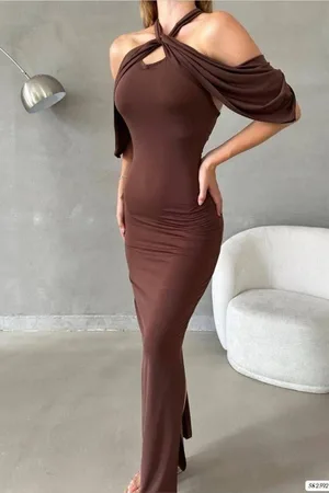 Simli Dekolteli Kumaş Elbise Askılı