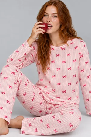 Kadın Çizgili Rahat Kalıp İkili Açık Pembe Pijama Takımı 4805