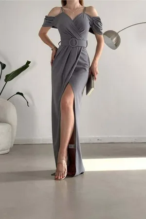 Krep Yaka Abiye Kumaş Elbise V Yırtmaçlı