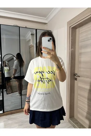 Baskılı Sıfır Yaka Oversize Basic Tişört - Sarı