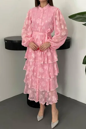 Pembe Kat Kat Volanlı Elbise - Pembe