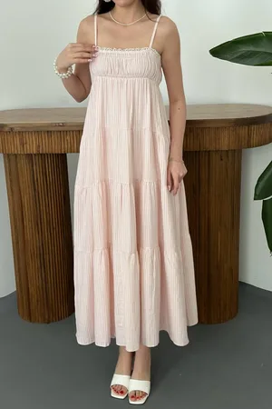 Pembe Askılı Parçalı Çizgili Müslin Elbise