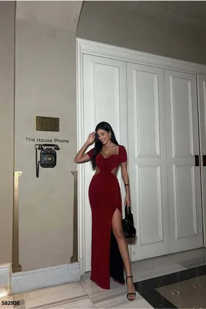Degaje Kollu Abiye Kısa Yaka Yırtmaçlı Elbise