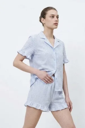 Kadın Premium Fırfırlı Mavi Pijama Takımı