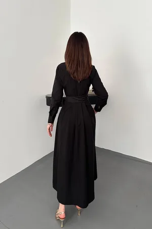 Siyah Düğmeli Poplin Elbise - SİYAH