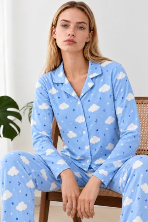 Kadın Desenli Gömlek Yaka Mavi Pijama Takımı 4831