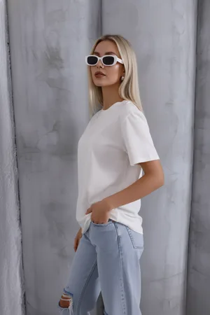 Kadın Oversize T-Shirt Basic Dokulu Pamuklu Kalıp Yaka Yumuşak Bisiklet Ekru