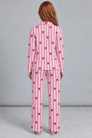 Kadın Uzun Kollu Gömlek Yaka Pembe Çizgili Kalpli Pijama Takımı 4770