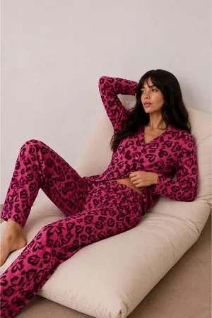 Kadın Düğmeli Kışlık Ev Lila Pijama Takımı