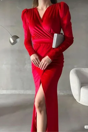 Kadife Yaka Abiye Kruvaze Kumaş Elbise Maxi Yırtmaçlı