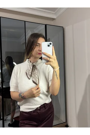 Yaka Fular Detay Kısa Kol Triko Kazak - Ekru