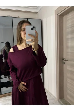 Modal Kumaş Bordo Croplu Elbise Takım
