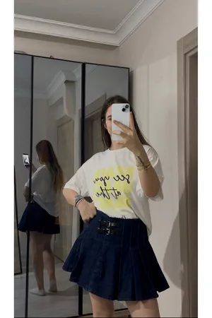 Çift Kemerli Denim Pileli Etek - Lacivert