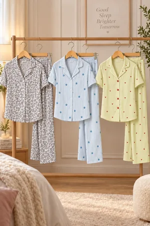 3 Adet Kadın Kısa Kollu Rahat Pijama Takımı Mavi