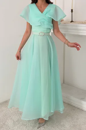 Mint Pelerin Detaylı Organze Elbise