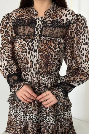 Leopar Pilise Detaylı Lastikli Elbise