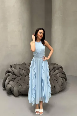 Bebe Mavi Önü Büzgülü Fırfırlı Elbise - Bebe Mavi