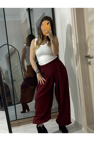 Double Atlas Kumaş Pileli Paça Lastikli Pantolon - Bordo