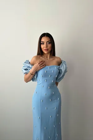 Bebe Mavi İşlemeli Kolu Garnili Elbise - Bebe Mavi
