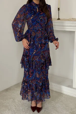 Saks Desenli Şifon Elbise
