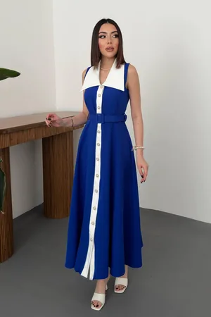 Saks Geniş Yakalı Halter Kollu Elbise - Saks