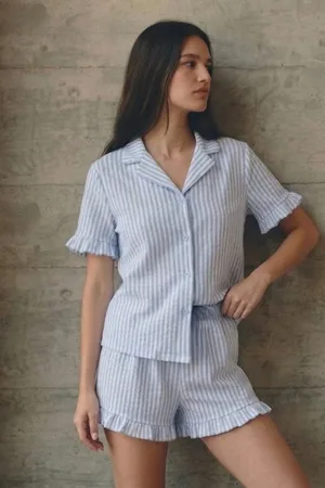 Kadın V Yaka Comfort Fit Mavi Pijama Takımı