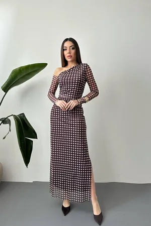 Kahverengi Ekose Desen Tül Elbise