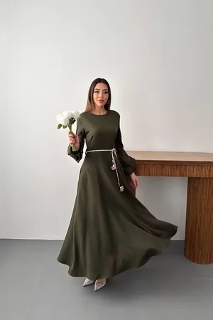 Haki Balon Kollu Kuşaklı Elbise