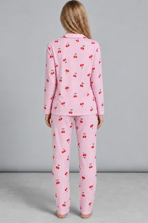 Kadın Kiraz Desenli Pötikare Pembe Pijama Takımı 4793