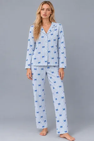 Kadın Gömlek Yaka Desenli Mavi Pijama Takımı 4816