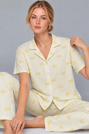Kadın Gömlek Yaka Desenli İkili Sarı Pijama Takımı 4795