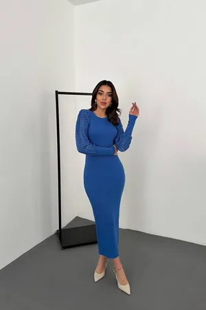 Mavi Kolları Örgülü Triko Elbise