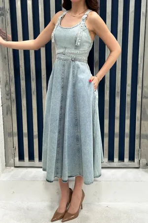 Kar Yıkama Midi Boy Bantlı Kot Elbise