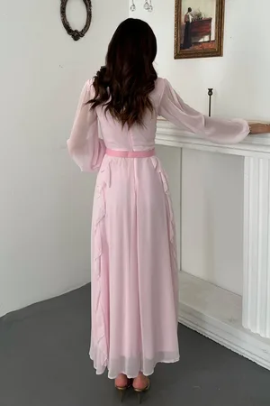 Pembe Kemerli Şifon Elbise