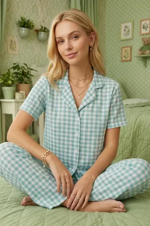 Kare Desenli Bürümçük kumaş Kısa Kollu Pijama Takımı 6065 Su Yeşili