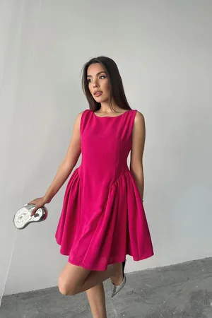 Fuşya Mini Boy Büzgülü Keten Elbise - Fuşya