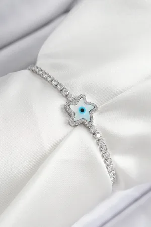 Pirinç Zirkon Taşlı Nazar Yıldız Model Gümüş Renk Asansörlü Kadın Bileklik