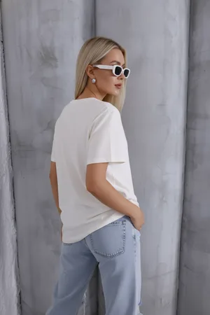 Kadın Oversize T-Shirt Basic Dokulu Pamuklu Kalıp Yaka Yumuşak Bisiklet Ekru
