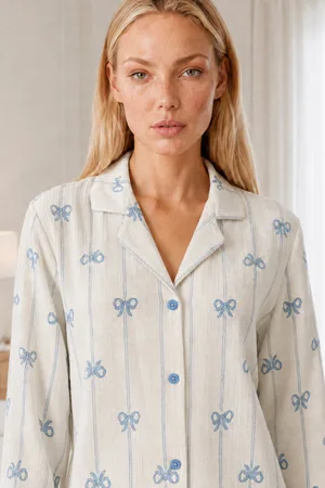 Kadın Desenli Relaxed Beyaz Pijama Takımı 4661