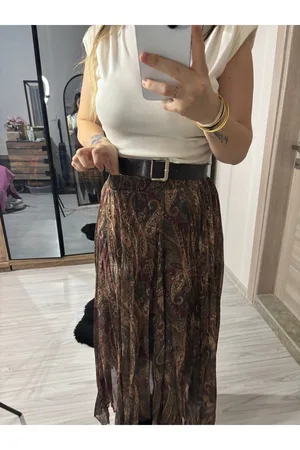 Asimetrik Kesim Bel Lastikli Desenli Şifon Etek - Bordo