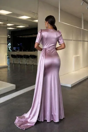 Saten Abiye Kumaş Yaka Kruvaze Elbise