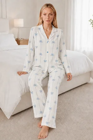 Kadın Desenli Relaxed Beyaz Pijama Takımı 4661