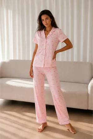 Kadın Loose Uzun Paça Pamuk Pembe Pijama Takımı